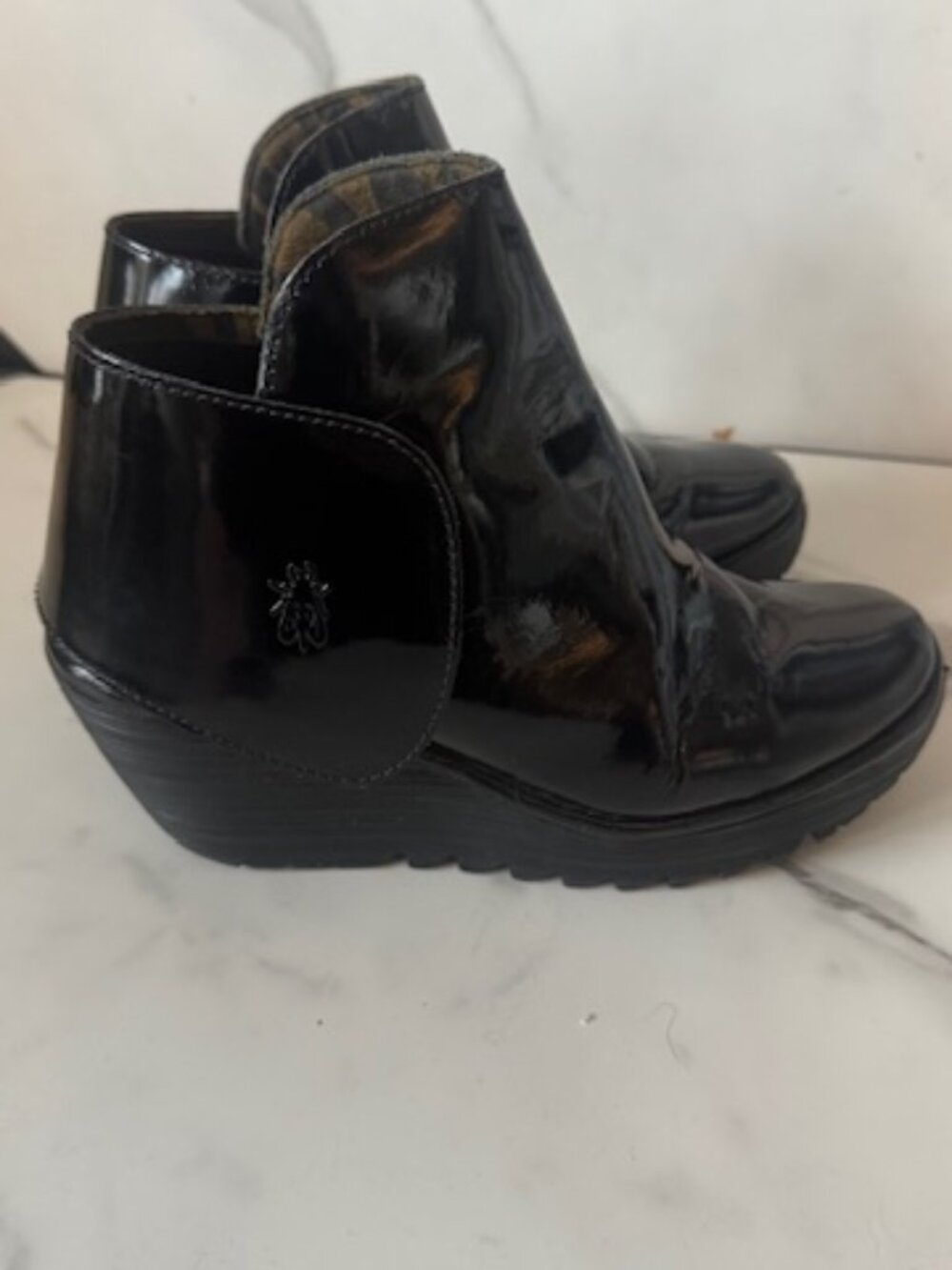 Fly London Sz 37 Black Patent Leather Wedge Boot